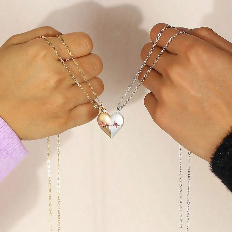 1pair Heart Shape Pendant Magnet Attraction Couple Necklaces, Valentine's Day Gift For Girlfriend - Gold - View 1