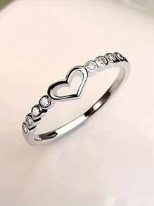 歐美風格s925純銀愛心戒指女式可調節鏤空心形鑲鑽水鑽時尚配飾 - 白色 - 查看 1