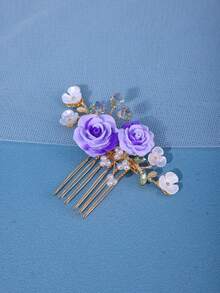 1支豪華珍珠紫色手工水晶髮棒,時尚髮梳婚禮頭飾 - 紫色 - 查看 3