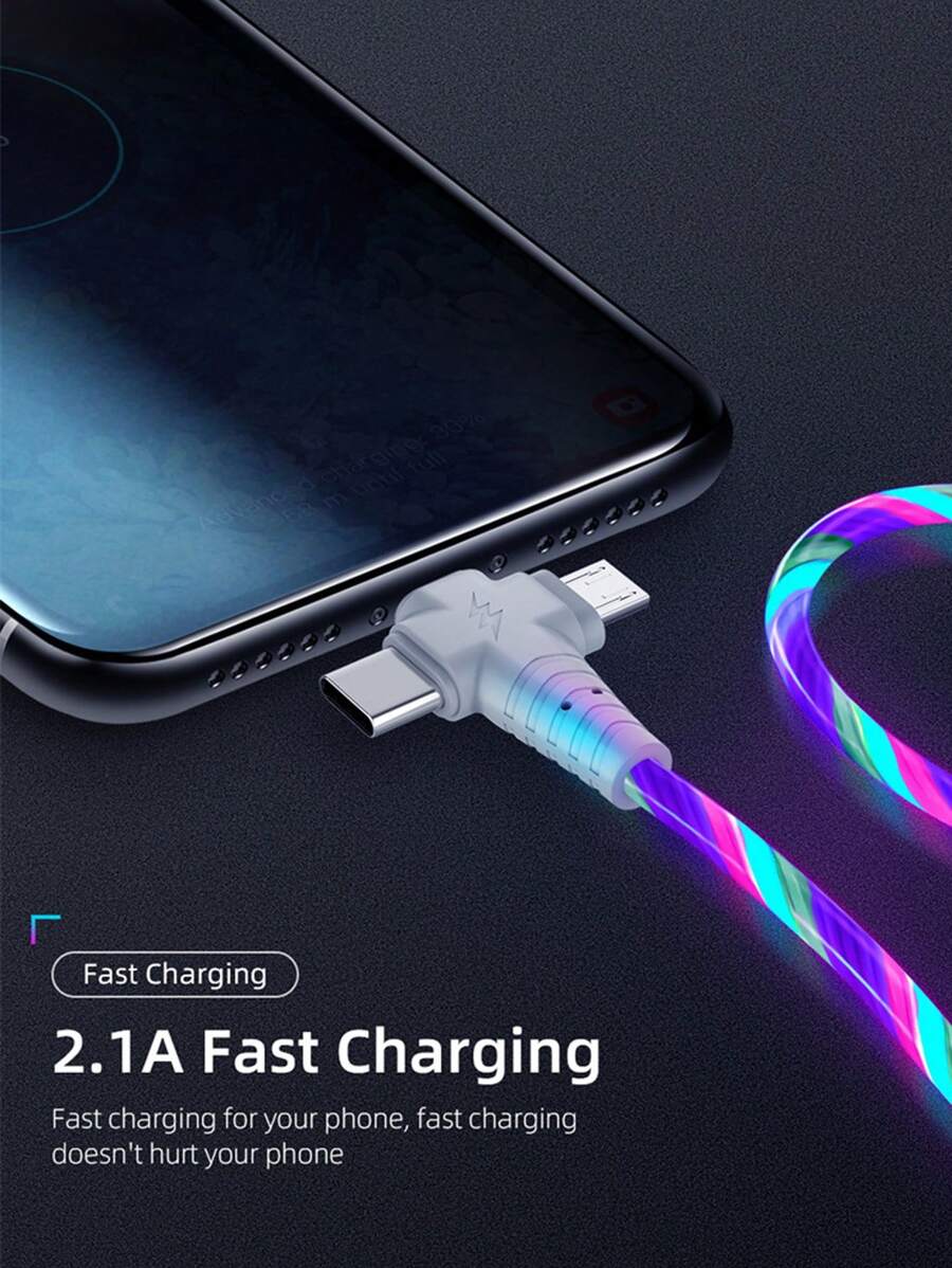 3 In 1 Flowing Glowing Light Fast Charging Cable Micro USB Type C