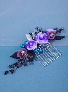 1pc Women's Elegant Handmade Hairpin With Purple Flowers, Luxury Comb With Minimalist Leaves Design, Bridal Wedding Hair Accessory - Purple - View 3