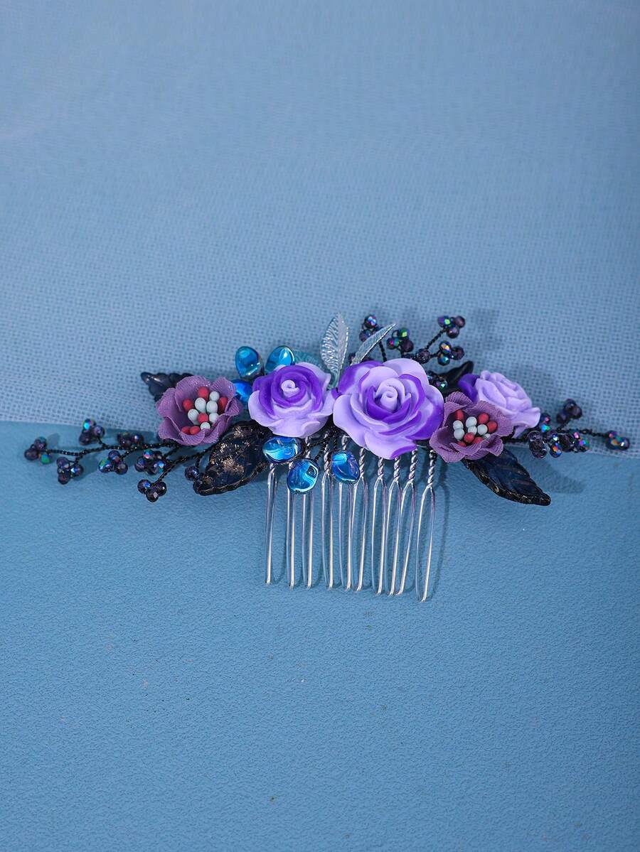 1pc Women's Elegant Handmade Hairpin With Purple Flowers, Luxury Comb With Minimalist Leaves Design, Bridal Wedding Hair Accessory - Purple - View 1