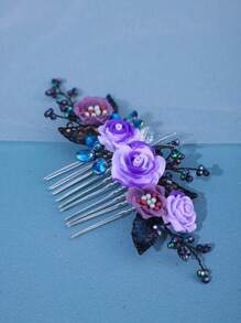 1pc Women's Elegant Handmade Hairpin With Purple Flowers, Luxury Comb With Minimalist Leaves Design, Bridal Wedding Hair Accessory - Purple - View 2