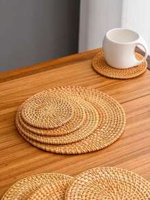 1pc Natural Rattan Round Placemat, Handwoven Insulated Tablemat, Heatproof Coaster, Home Decoration - Ginger - View 2