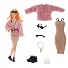 7入組11.5吋玩偶服裝和珠寶套裝= 1件外套+ 1件長裙+ 1個包包+ 1條項鍊+ 1雙鞋子+ 1條腰帶+ 1副眼鏡（不包括娃娃）,假日禮物 - 卡其色 - 查看 2