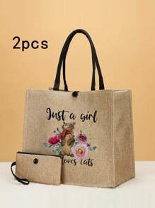 2入組"只是愛貓的女生"印花手提袋,可重複使用的購物袋,多功能收納袋適用於女性,帶把手的可重複使用禮品袋,批發的白色手提袋用於伴娘婚禮,女性購物,單身派對,海灘旅行,婚禮禮品袋-零售袋,購物袋,生日派對禮品和禮品袋 - 卡其色 - 查看 1