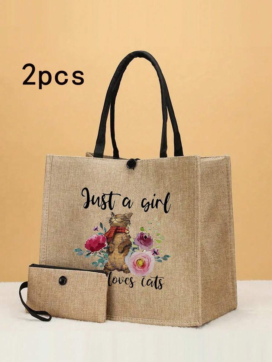 2入組"只是愛貓的女生"印花手提袋,可重複使用的購物袋,多功能收納袋適用於女性,帶把手的可重複使用禮品袋,批發的白色手提袋用於伴娘婚禮,女性購物,單身派對,海灘旅行,婚禮禮品袋-零售袋,購物袋,生日派對禮品和禮品袋 - 卡其色 - 查看 1
