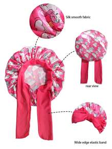 Awegeo 1個童裝帽子,帶有兩個彈性帶,印花絲綢緞時尚睡眠帽,休閒舒適、透氣柔軟 - 玫紅色 - 查看 2
