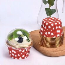 Miliocry 25入組帶蓋杯形蛋糕紙套,耐高溫防油紙托盤,金色和銀色鋁箔與蕾絲及摺疊邊緣杯形紙杯 - 紅色 - 查看 1