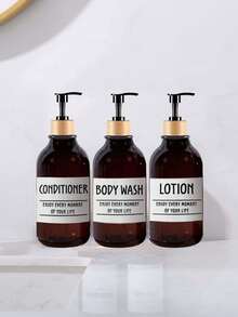 LEAPAIR 3 件裝 500 毫升光面棕色洗髮精和護髮素瓶分配器肥皂洗髮精分配器瓶帶泵乳液瓶淋浴竹瓶泵分配器帶 6 個標籤 - 棕色 - 查看 5