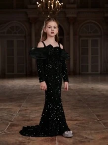 Tween Girl 亮片缀饰荷叶边美人鱼连衣裙 - 黑色 - 查看 3