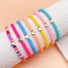 7入組波西米亞風格隨機顏色柔軟陶瓷珠心形情人節手鍊,是女友、最好的朋友和母親的理想禮物 - 愛心 - 查看 2