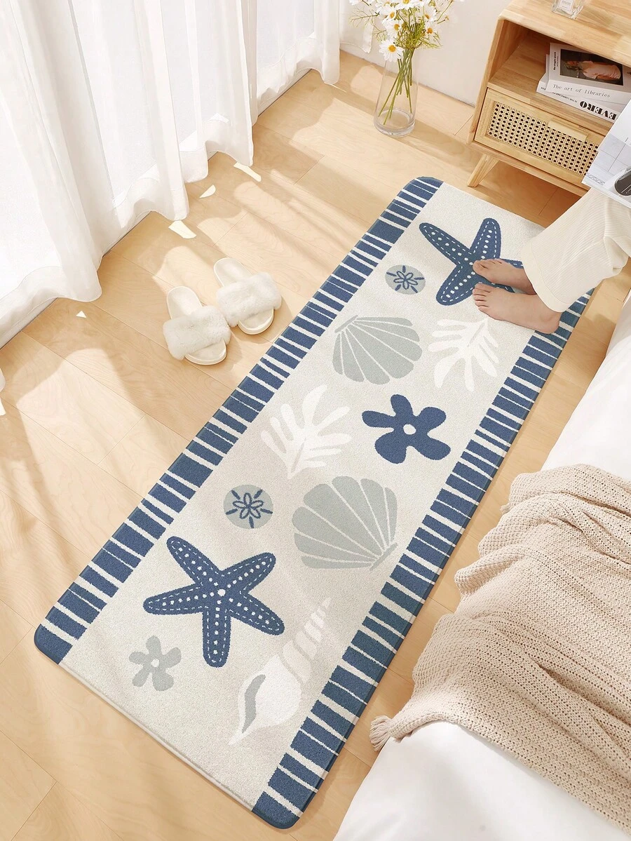 仿羊絨聚酯四季地毯,海洋、海星、貝殼圖案,簡約北歐風格,柔軟舒適,吸水防滑,適合客廳、床頭、浴室、臥室墊-1片 - 彩色 - 查看 1