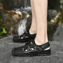 2023年夏季新推出男士加大尺碼48號真皮透氣戶外徒步運動鞋,軟底運動涼鞋 - 黑色 - 查看 2