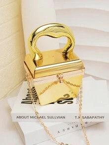 时尚金属色盒形派对手拿包，采用独特手柄设计，多种携带方式，包括可拆卸金属肩带、单肩包和斜挎包 - 金色 - 查看 2