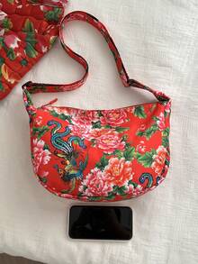 1pc Girls' Floral Printed Nylon Zippered Crossbody Bag, Suitable For Daily Use - Red - View 4