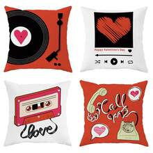 4入組情人節心形音樂磁碟手機橙色抱枕套,情人節創意新奇抱枕套,45*45公分絲絨裝飾坐墊套,適用於情人節派對客廳臥室沙發床裝飾禮物 - 亮橙色 - 查看 2
