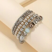 5pcs/Set Bohemian Elastic Metal Chain And Colorful Crystal Multi-Layered Beaded Bracelets For Women's Fashion Jewelry - Style 1 - View 6