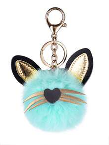 1pc Cute Cat Ear Pom Pom Keychain, For Women's Backpack, Bookbag, Key, Office & School Desk Decoration - Blue - View 5