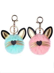 1pc Cute Cat Ear Pom Pom Keychain, For Women's Backpack, Bookbag, Key, Office & School Desk Decoration - Blue - View 4