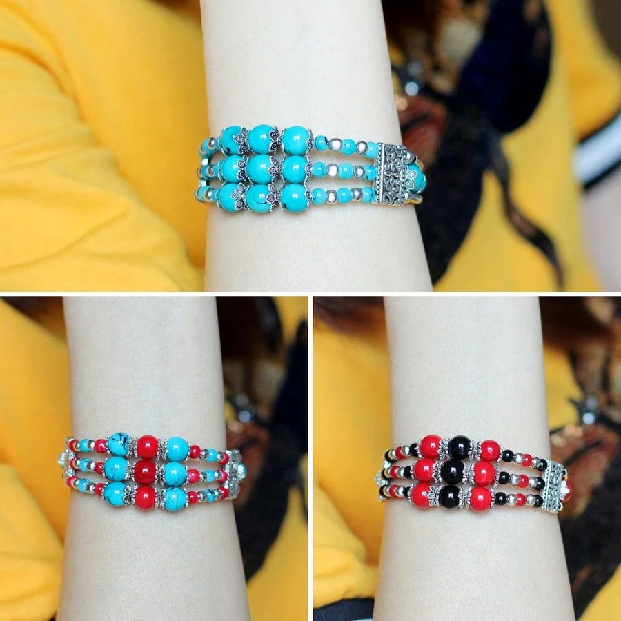 1入復古波西米亞風格多層串珠手鍊,手工製作,具有色彩繽紛的珠子 - 藍色 - 查看 1