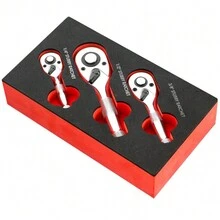 TUNGFULL 3入組不同尺寸套筒配盒,迷你棘輪扳手1/4 3/8 1/2英寸傳動鈍扳手套件,快拆頭72齒方頭扳手 - 銀色 - 查看 2