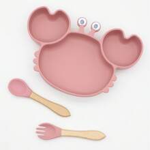 Baby Silicone Feeding Set, Cartoon Crab-Shaped Plate With Wooden Spoon And Fork,  And Non-Slip