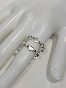 1只s925純銀心形與銀珠戒指,可調節彈性繩配戴,適合作為禮物或日常佩戴 - 銀色 - 查看 9