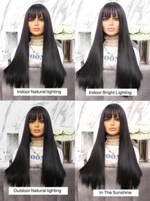 Peluca sintética natural larga lisa con tupe - Negro - Ver 10