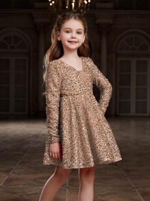 Tween Girls' V-Neck Backless Sequined A-Line Knee Length Party Dress - Khaki - View 3