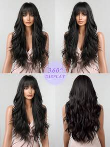 Natural Black Long Wavy Synthetic Wig With Bangs For Women Body Wave Dark Brown Wigs Cosplay Daily Hair Heat Resistant - 黑色 - 查看 8