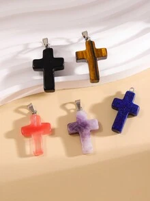 5pcs Cross Shape Natural Stone Necklace, Bracelet, Earring, Anklet & Pendant Semi-Finished Jewelry, Diy Accessories - Multicolor - View 1