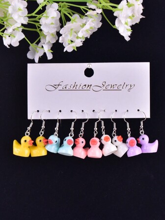 5 Pairs Colorful Lovely Duck Design Dangle Earrings Set Cute Y2K Style Resin Jewelry Girlish Ear Ornaments Female Gift