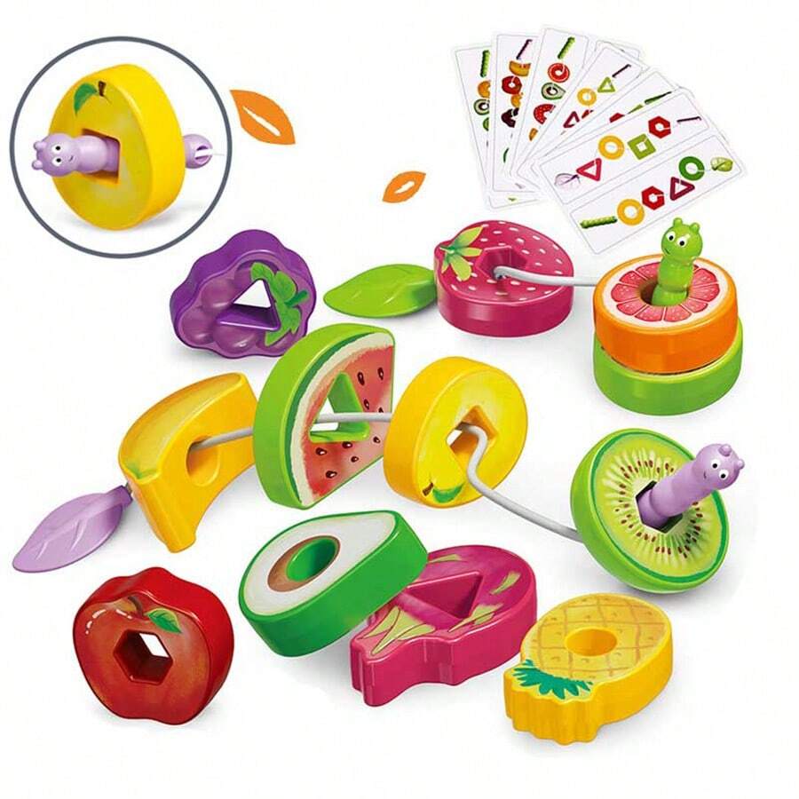 1 Set Children Boys Girls Fruit Beaded Beads ABS With Graphic Cognition Learning Cards Educational Toy Classification Stacking Fine Motor Skills Toy Suitable For Preschool Montessori Early Education Tools