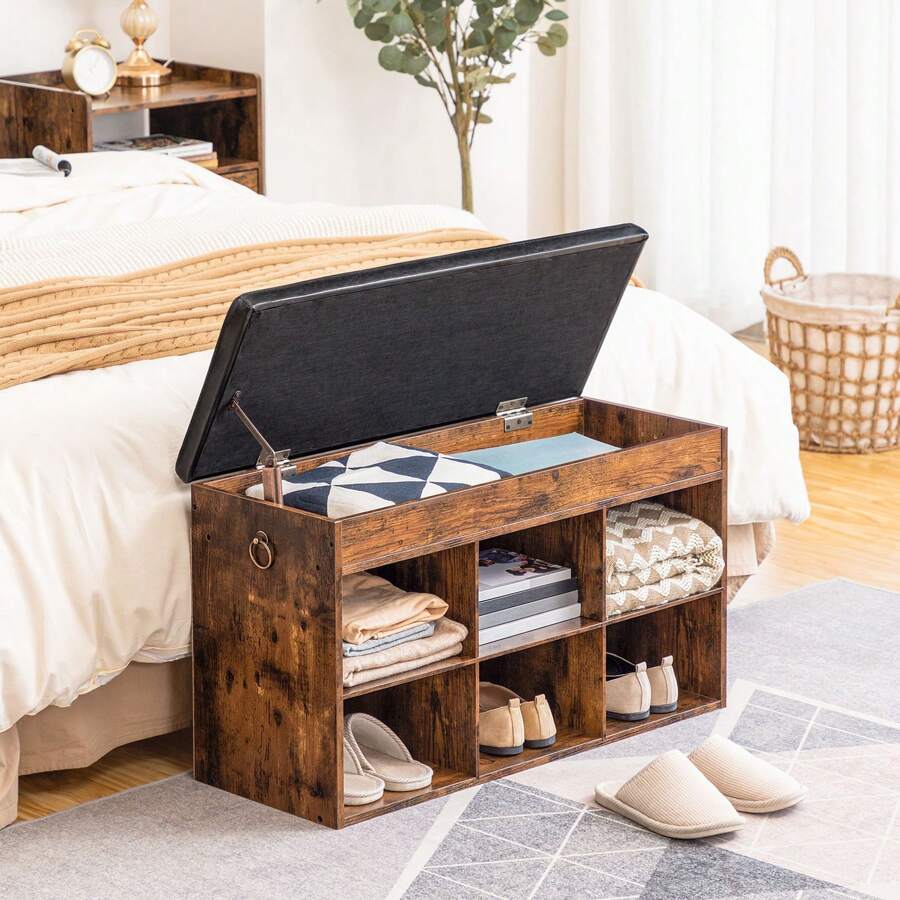 HOOBRO Shoe Bench, Padded Bench, Shoe Rack With Storage Space Under Seat, Shoe Cabinet With 6 Open Compartments, Maximum Load 135 Kg, For Entrance, Hallway, Living Room, Bedroom - màu nâu - Xem 1