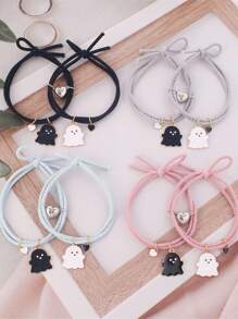 2 pièces/set Bracelets élastiques mignons à cœur magnétique et fantôme noir/blanc, cadeau d'amitié pour les meilleurs amis, sœurs, couples