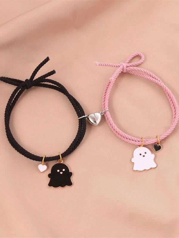 2 pièces/set Bracelets élastiques mignons à cœur magnétique et fantôme noir/blanc, cadeau d'amitié pour les meilleurs amis, sœurs, couples