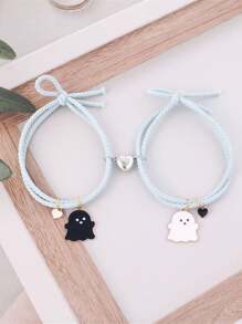 2 pièces/set Bracelets élastiques mignons à cœur magnétique et fantôme noir/blanc, cadeau d'amitié pour les meilleurs amis, sœurs, couples
