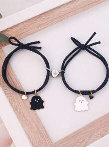 2 pièces/set Bracelets élastiques mignons à cœur magnétique et fantôme noir/blanc, cadeau d'amitié pour les meilleurs amis, sœurs, couples