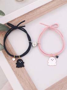 2 pièces/set Bracelets élastiques mignons à cœur magnétique et fantôme noir/blanc, cadeau d'amitié pour les meilleurs amis, sœurs, couples