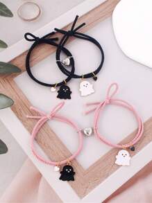 2 pièces/set Bracelets élastiques mignons à cœur magnétique et fantôme noir/blanc, cadeau d'amitié pour les meilleurs amis, sœurs, couples