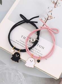 2 pièces/set Bracelets élastiques mignons à cœur magnétique et fantôme noir/blanc, cadeau d'amitié pour les meilleurs amis, sœurs, couples
