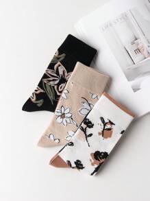 3對/組情侶款女式中筒印花襪,時尚百搭,男女皆宜 - 彩色 - 查看 3