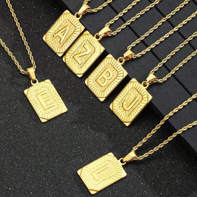 1件时尚不锈钢金色英文字母项链，男女通用日常装饰配饰