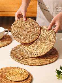 1pc Natural Rattan Round Placemat, Handwoven Insulated Tablemat, Heatproof Coaster, Home Decoration - Ginger - View 8