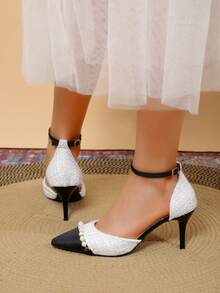 2024夏季新款女式高跟鞋-帶踝帶設計的尖頭珍珠細高跟涼鞋,中空設計,法式風格高跟鞋 - 米色 - 查看 1