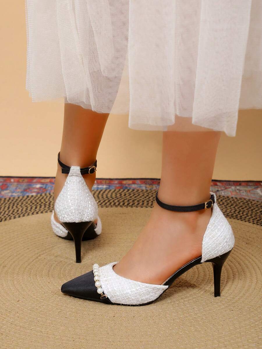 2024夏季新款女式高跟鞋-帶踝帶設計的尖頭珍珠細高跟涼鞋,中空設計,法式風格高跟鞋 - 米色 - 查看 1