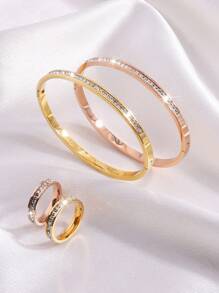 4 Pcs Of Light Luxury Design Advanced Simple Stainless Steel Single Row Drill Bracelet Ring Suitable For Holiday Gifts Friends
