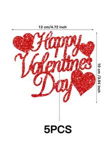 5pcs Red Glitter Valentine'S Day Cake Topper With Heart Shaped Stick, Selected Decorations For Valentine'S Day Themed Party Cake Decor Supplies - Red - View 2