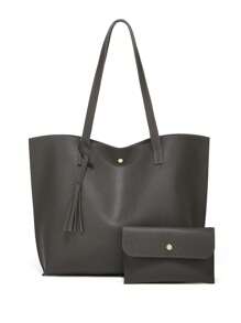 2022年新款實色流蘇袋與袋子,大容量肩包＆手提袋,歐美時尚購物袋 - 灰色 - 查看 1